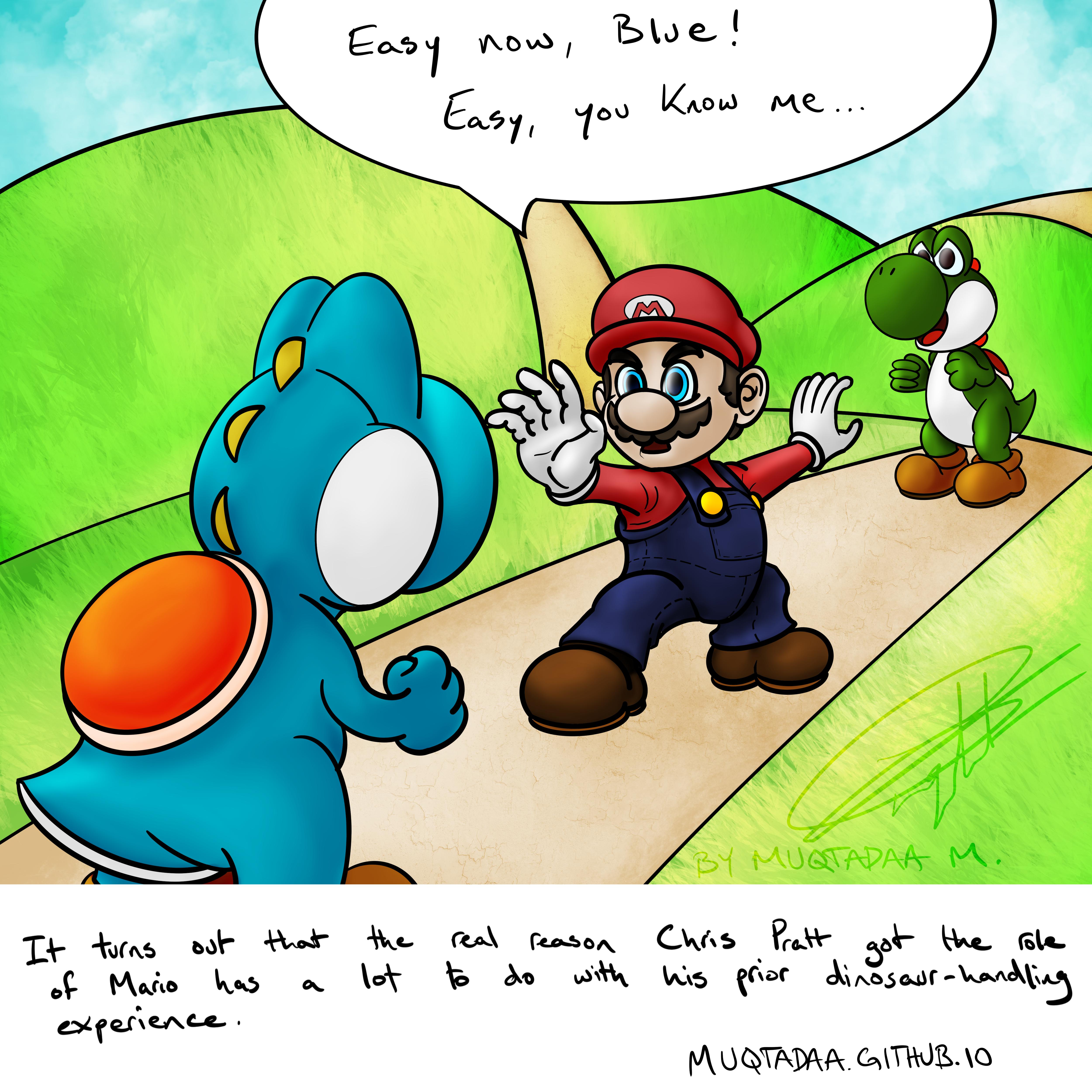 I drew this as a meme to post on Reddit, mocking the casting of Chris Pratt as the animated Mario. I think the caption is self-explanatory.