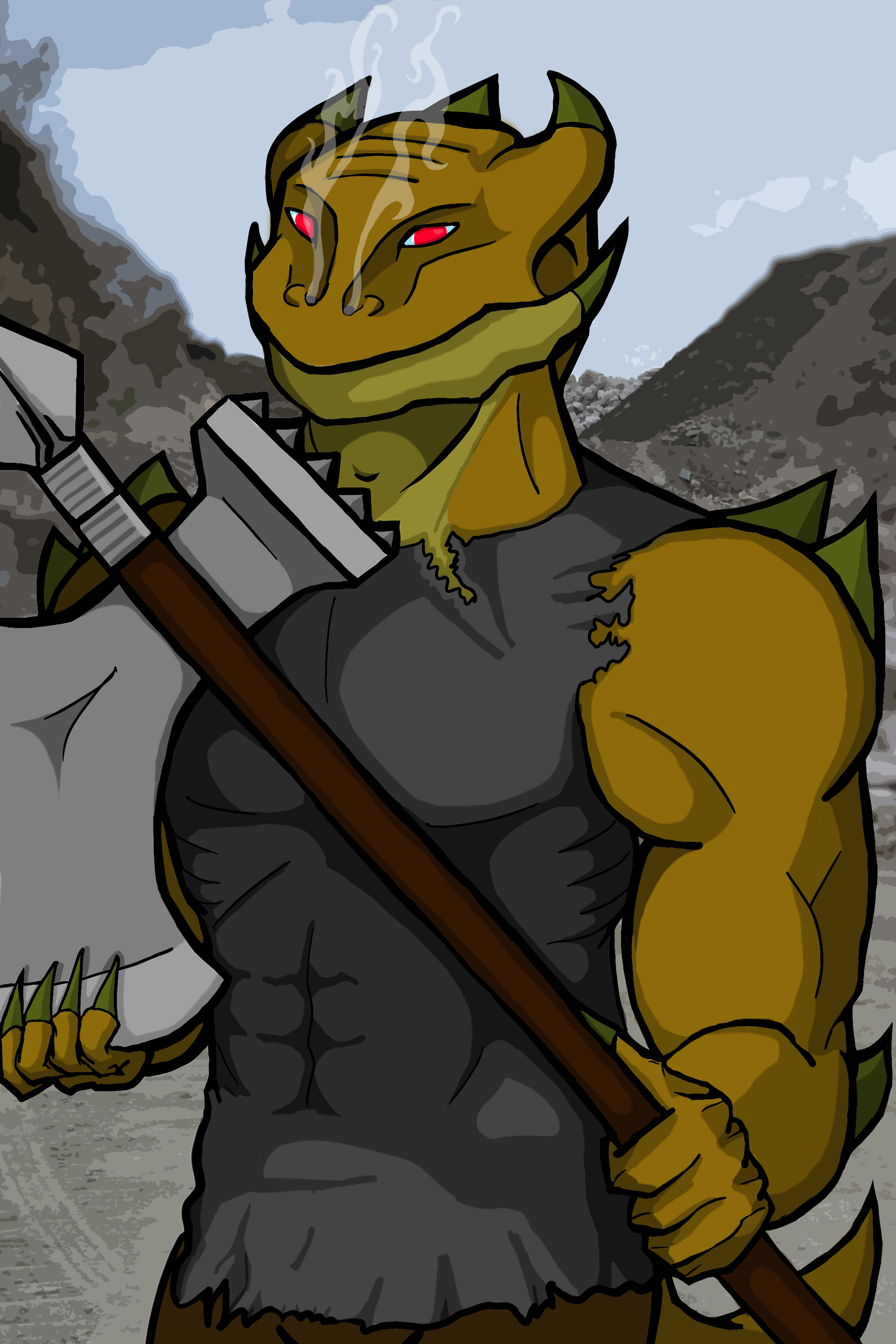 I drew this for a friend who made a D&D character by the name of Lucky the Lizard - an unfortunate Dragonborn Barbarian. Sadly, like most D&D stories, this campaign was so short-lived as to never happen.