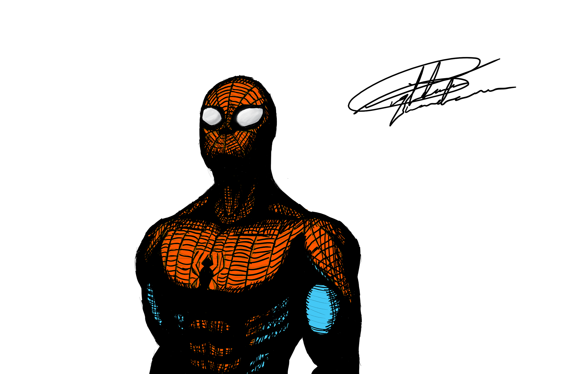 My favorite drawing of Spiderman I've ever done, and I've been drawing him since I was six or seven years old. I love how dramatic the lighting turned out in this, purely by accident. I was attempting to cross-hatch, but then I realized it blended well with the webbing of his suit, and I got this really gnarly effect that I love.
