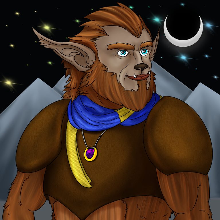 A brown-furred bugbear with blue eyes and a blue-and-yellow scarf, in front of mountains and a crescent moon