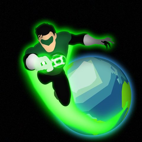 Green Lantern flying over a glowing green globe on a black background