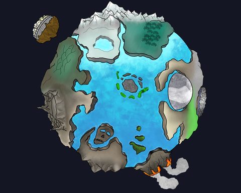 A small fantasy planet with continents, oceans and a moon, floating in dark space