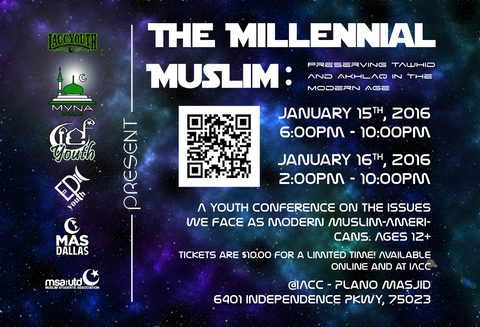 Event flyer for The Millennial Muslim youth conference, January 15 and 16, 2016, with dates, a QR code and sponsor logos