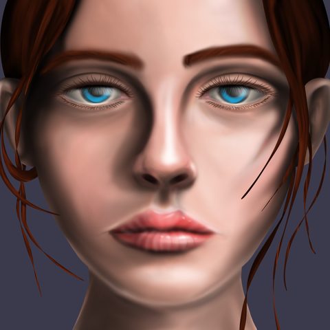 Painted portrait of a young woman with blue eyes and auburn hair, looking at the viewer