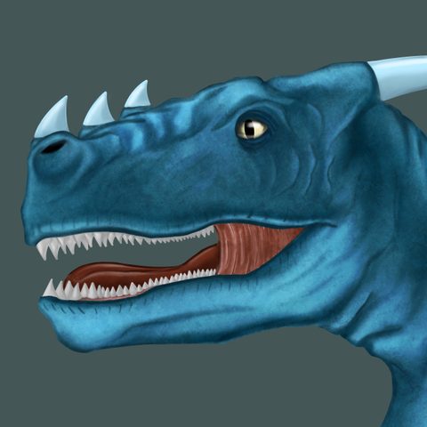Painted blue dragon's head in profile with white horns and an open, toothy mouth