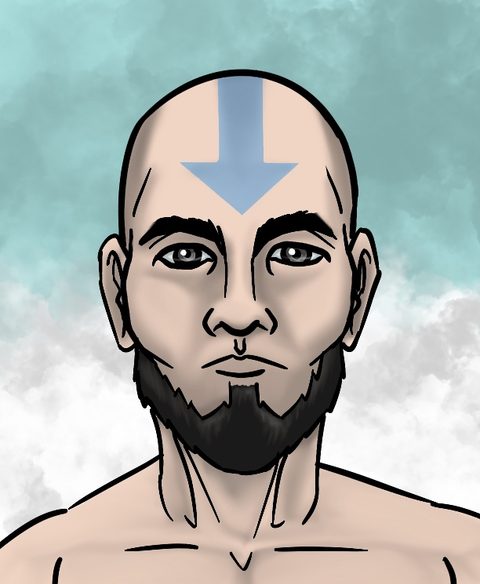 Aang from Avatar: The Last Airbender, bald with a blue arrow tattoo and a beard, against a cloudy sky