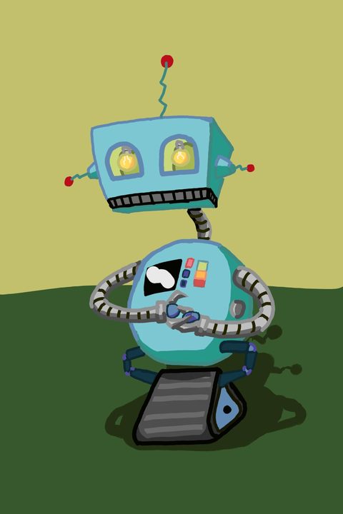 A small blue cartoon robot with a rounded body, glowing eyes and a single tread, on a green floor