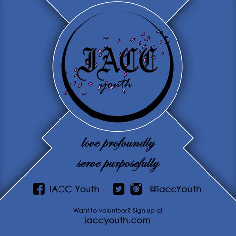 Blue informational card with the IACC Youth crest, 'love profoundly, serve purposefully' and social handles