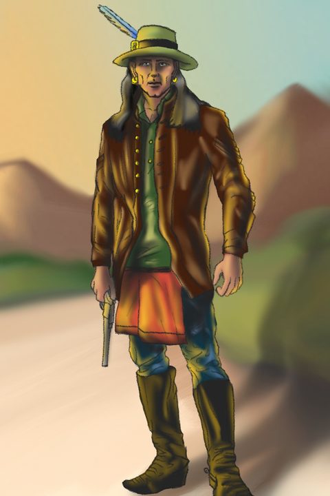 A man in a wide-brimmed hat, long coat and boots stands in front of a sunset over hills