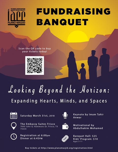 Fundraising banquet flyer with a sunset silhouette of a family and a mosque, titled 'Looking Beyond the Horizon'
