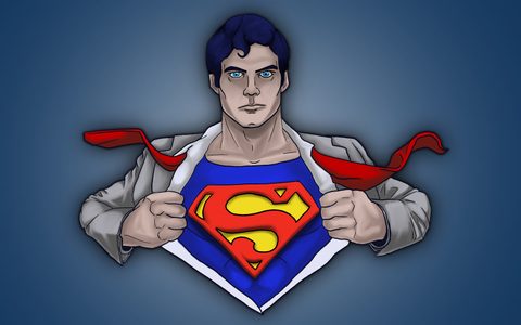 Clark Kent tearing open his shirt to reveal the Superman emblem