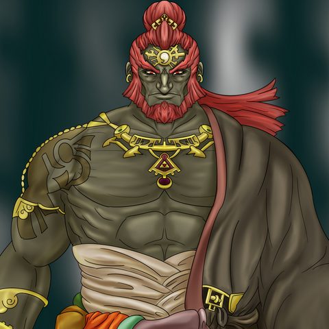 Ganondorf from Tears of the Kingdom with red hair and gold jewellery, bare-chested, on a dark green background