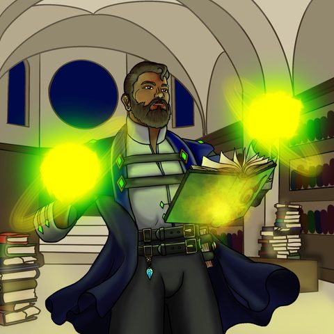 A bearded wizard in a dark cloak reads a glowing book with green magic in both hands, in a library