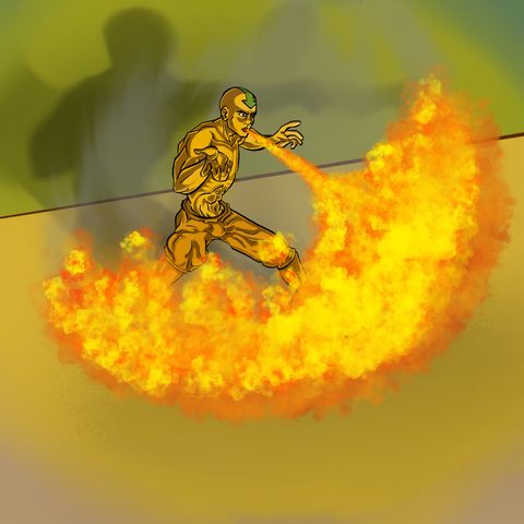 A figure lit in yellow and orange breathes a sweeping arc of fire across a smoky green background