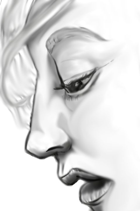 Pencil drawing of a woman's face in profile, eyes lowered