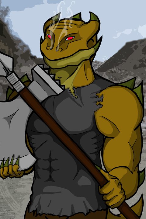 A gold-scaled dragonborn barbarian with red eyes and a greataxe, in a mountain pass