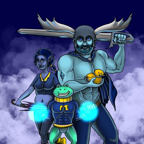 Three fantasy adventurers in the clouds: a blue-skinned elf, a muscular warrior holding a duck, and a green frog in a hoodie