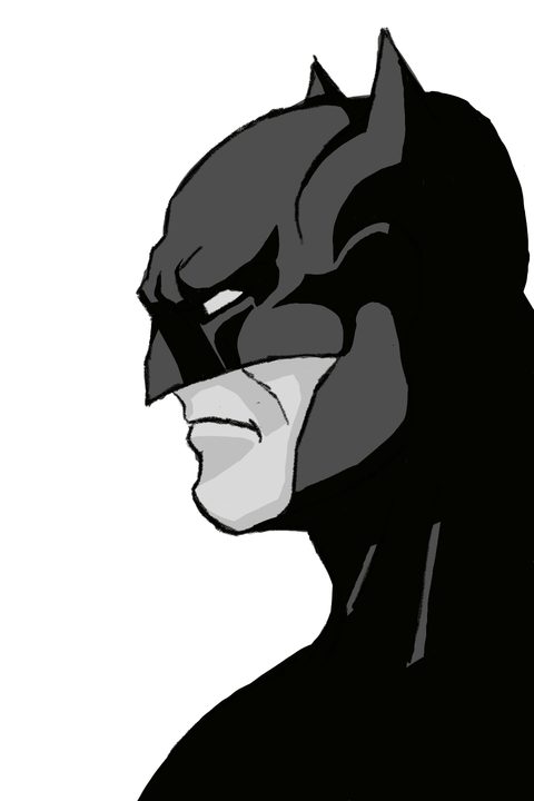 Heavy black ink drawing of Batman's cowled head and shoulders in profile