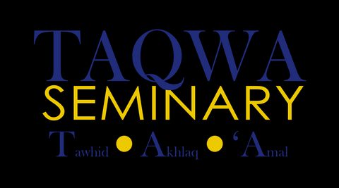 Taqwa Seminary logo in blue and yellow lettering on black