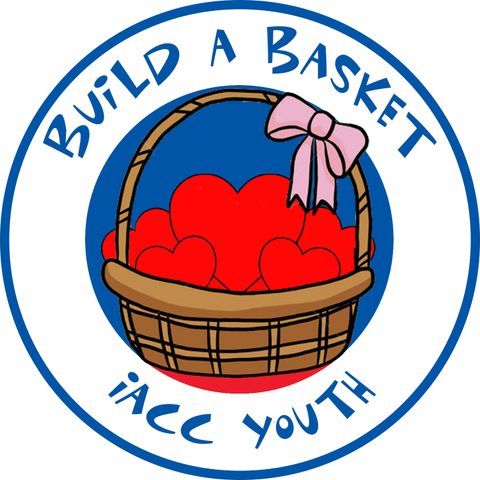 Round Build-a-Basket logo: a basket of red hearts with a pink bow, ringed by 'IACC Youth'