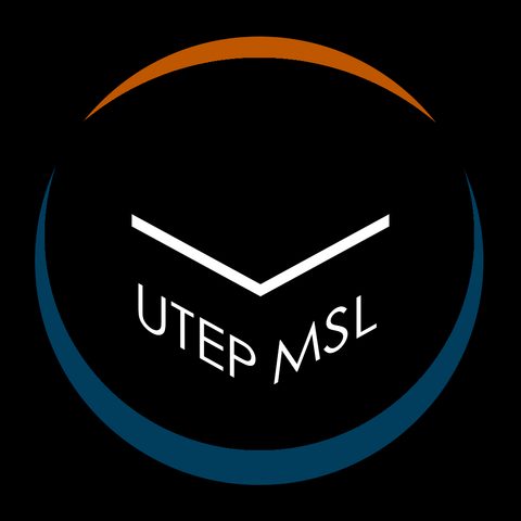 Circular UTEP MSL logo with orange and blue arcs on black