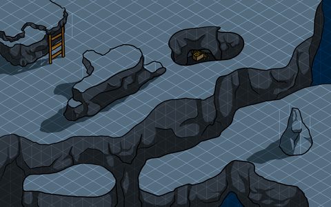 Isometric map of an underground cave system with stone platforms, water and a wooden bridge