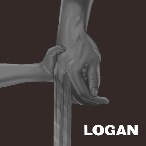 Grey-scale drawing of a small hand held by a larger hand with claws, over the word LOGAN