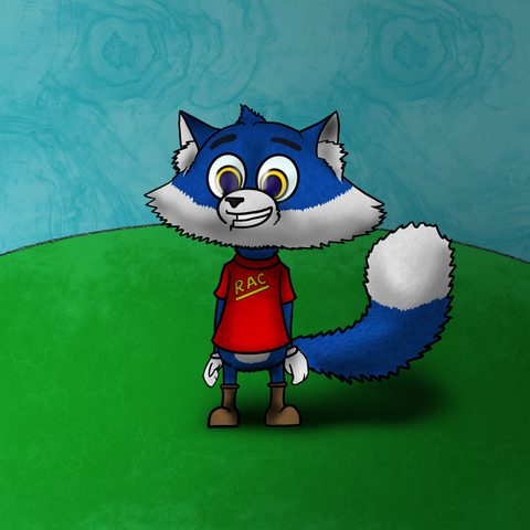 A cartoon blue-and-white raccoon-like mascot in a red T-shirt, standing on green grass