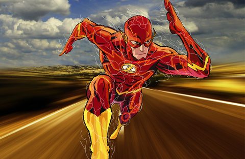 The Flash sprinting down a road in a red suit with lightning streaks, under a cloudy sky