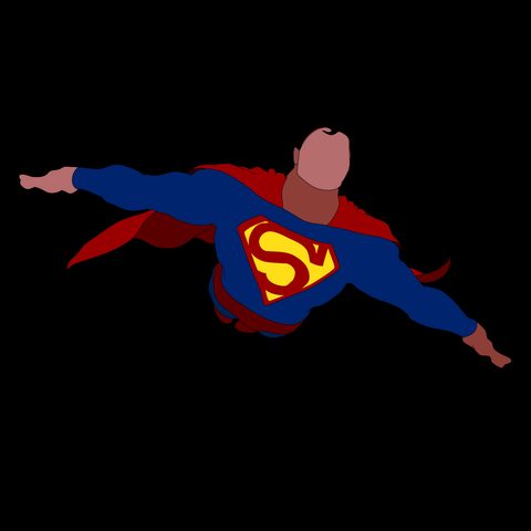 Flat-colour Superman flying toward the viewer, on black