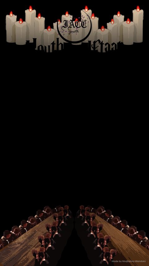 Snapchat filter frame with floating candles at the top and a long dining table at the bottom, Harry Potter style