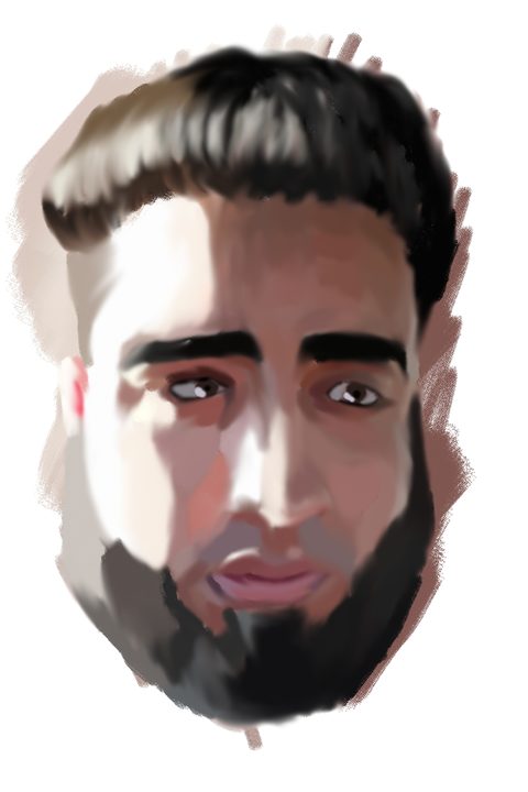 Loosely painted self-portrait of a bearded man with dark hair, in an oily brush style