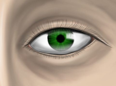 Close-up painting of a green eye with lashes and freckled skin
