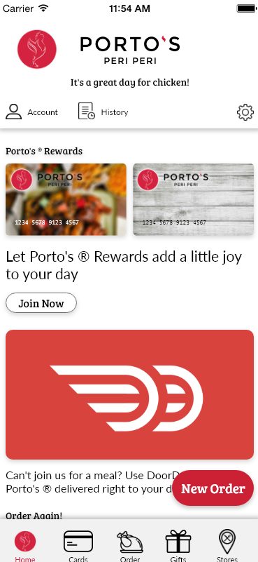 Port of Peri Peri app home screen with the gift card banner and featured menu items