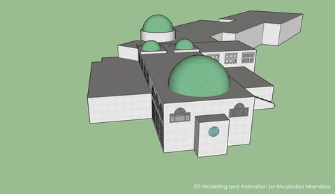Animated 3D walkthrough of a mosque expansion model with green domes