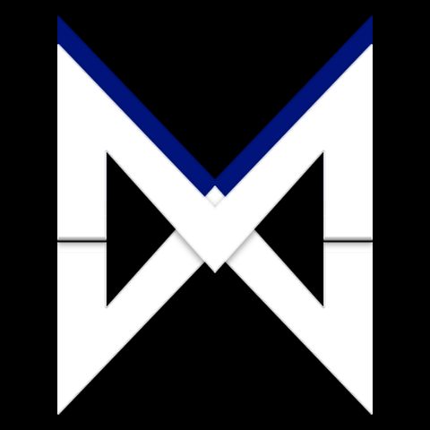 Black-and-white logo of two mirrored Ms with a blue accent
