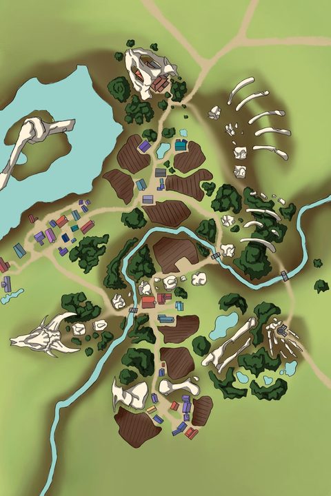 Top-down map of a village whose houses and roads are laid out around the huge skeleton of a dragon