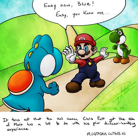 Comic panel of Mario calming a blue Yoshi, with a speech bubble that reads 'Easy now, Blue! Easy, you know me…'