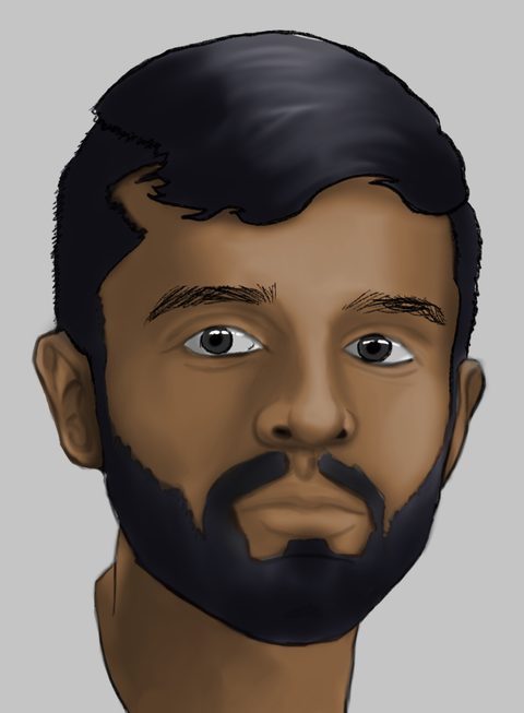 Digital portrait of a bearded young man with dark hair looking straight at the viewer, on a grey background