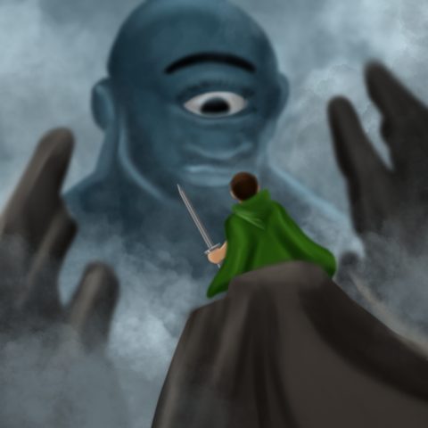 A small figure in a green cloak stands on a rocky peak facing a huge blue one-eyed giant