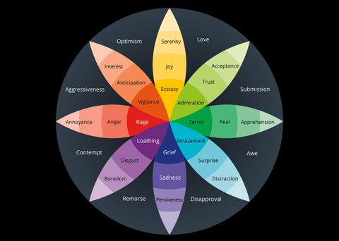 Plutchik's wheel of emotions: eight petals of primary emotions, each shading from intense at the centre to mild at the edge