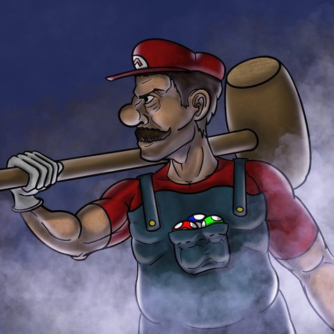 A gruff, realistic Mario in a red cap and overalls with a mallet over his shoulder, standing in fog