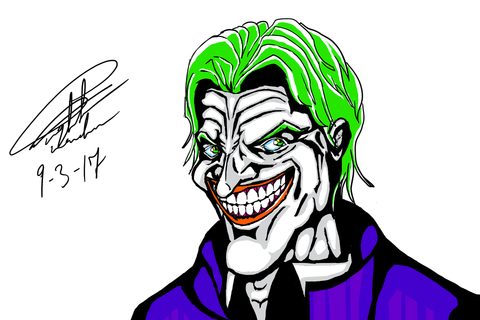 Grinning Joker with green hair and a purple suit, drawn in bold black lines on white