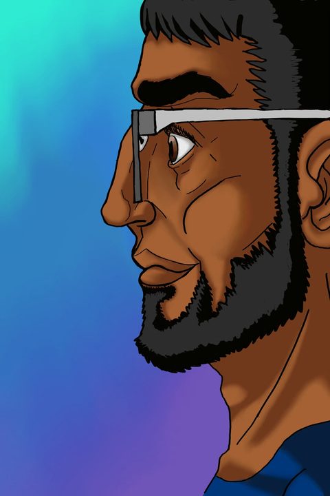 Side profile of a bearded man with glasses against a blue and purple background